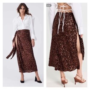 NWT ATOIR Teary Chocolate Brown Sequin Midi Wrap Skirt Small High Slit